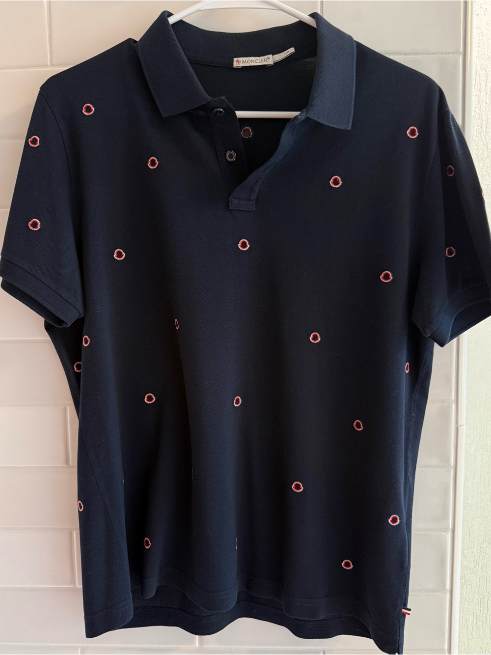 Moncler Navy All Over Logo Embroidered Polo Shirt Men’s L